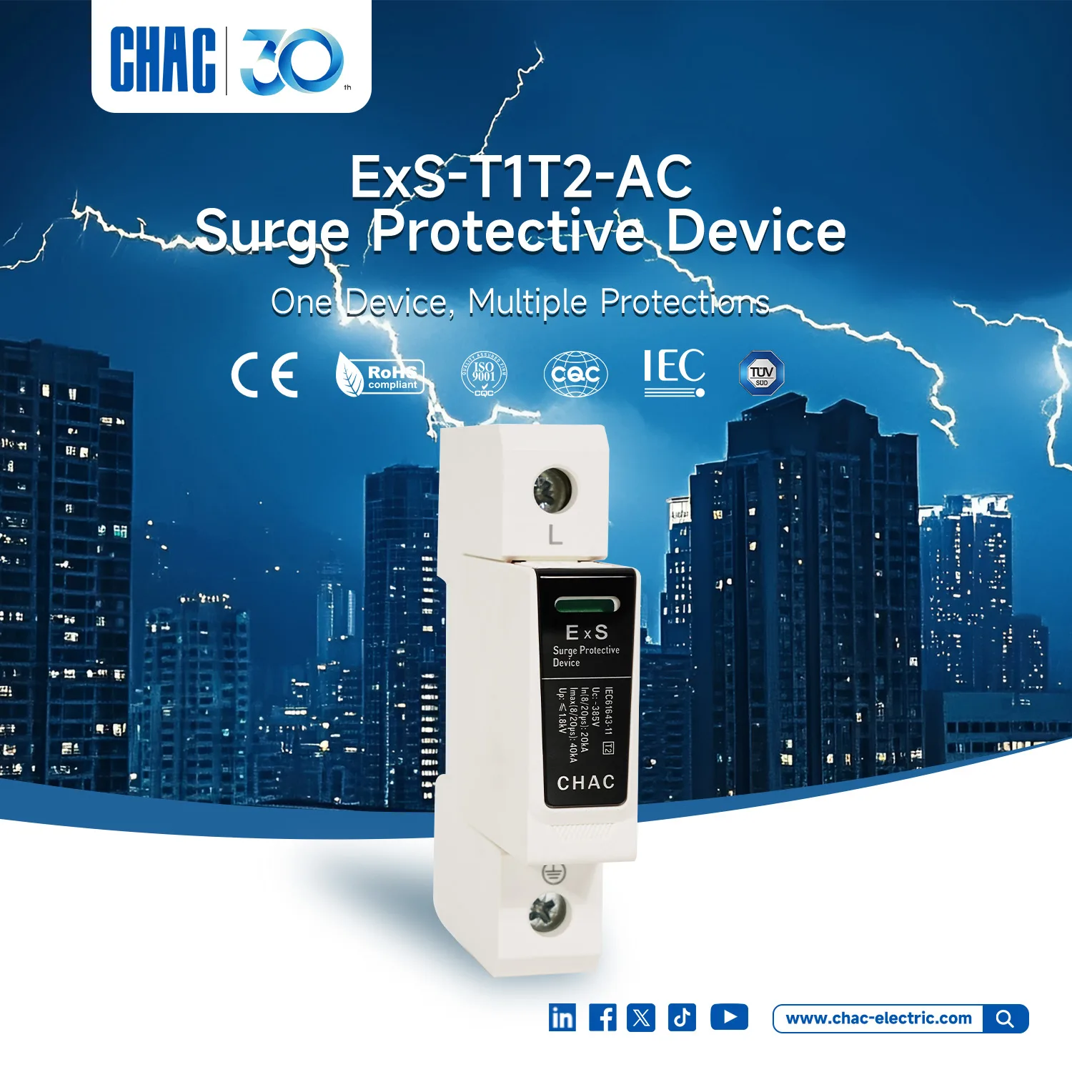 CHAC EXS T1/T2 AC surge protective device product and documentation