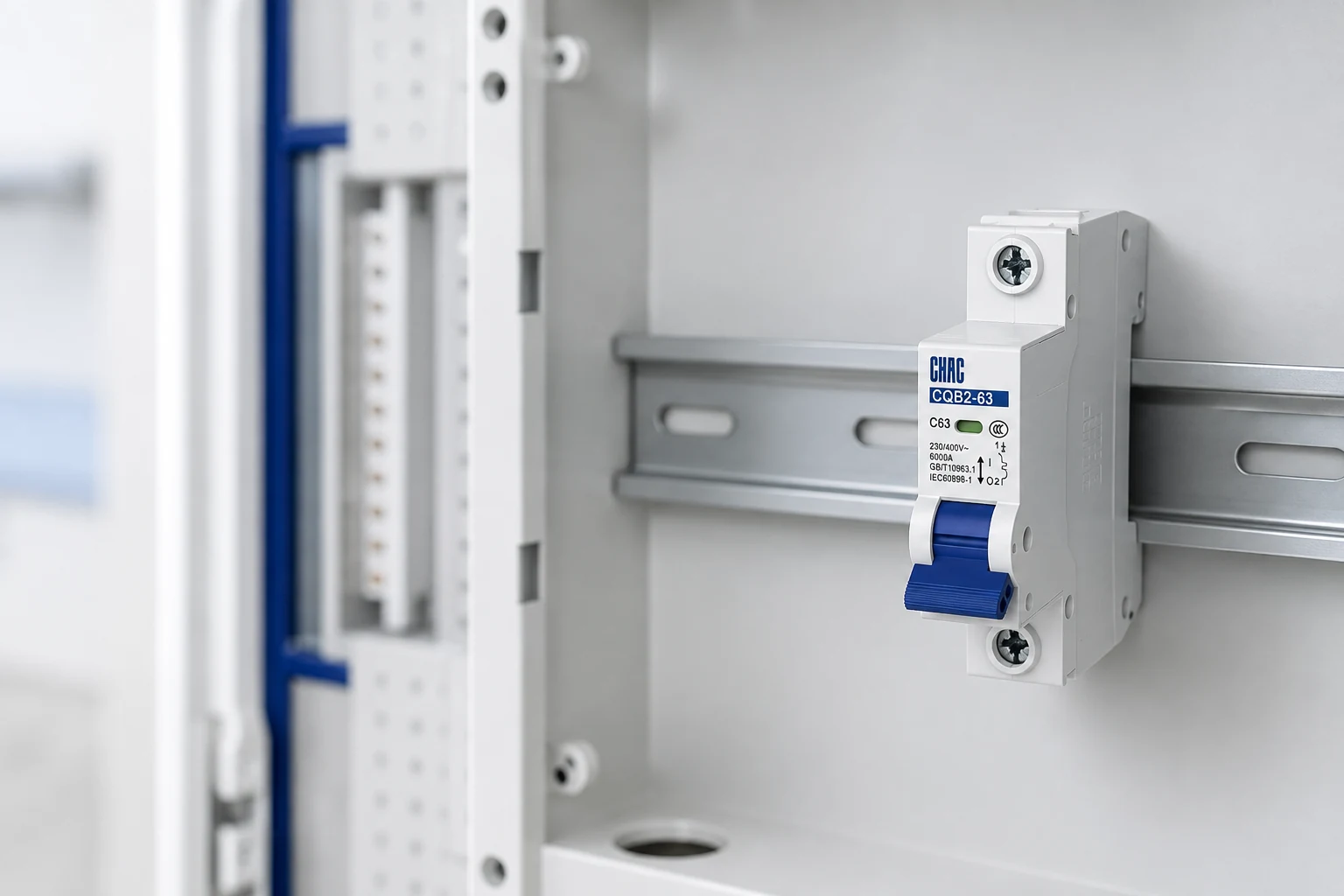 Electrician comparing 6kA and 10kA miniature circuit breakers at a distribution board