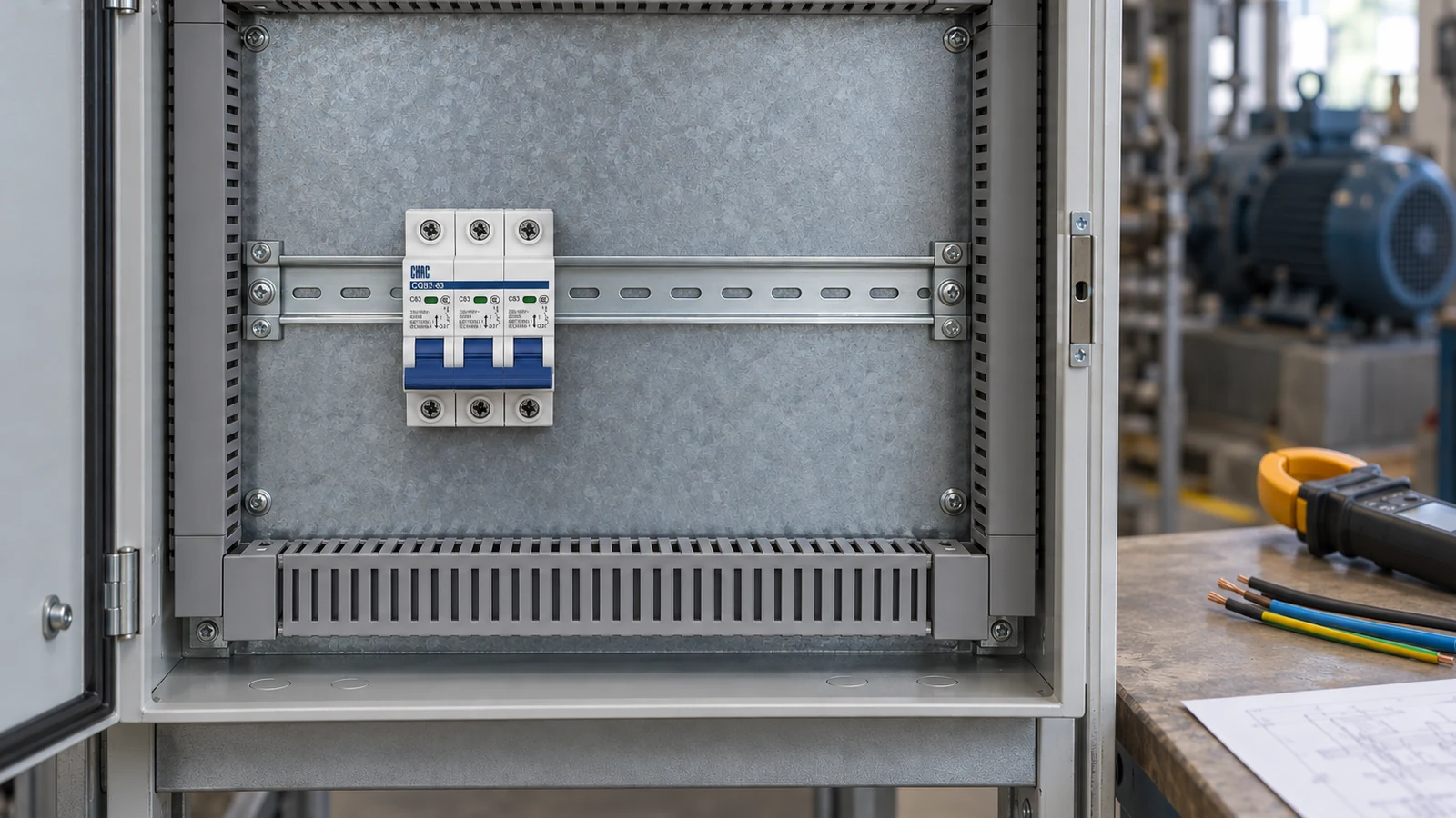 Three-phase breaker selection scene with a real CHAC CQB2-63 three-pole miniature circuit breaker installed on a DIN rail