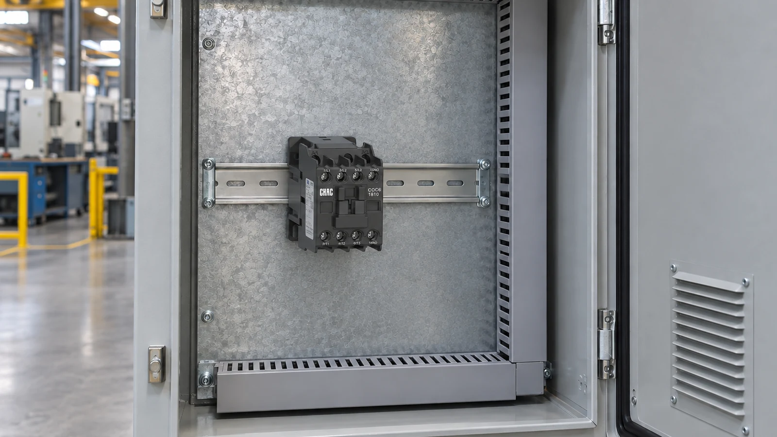 Industrial control cabinet with a real CHAC CQC6 AC contactor naturally installed on a DIN rail