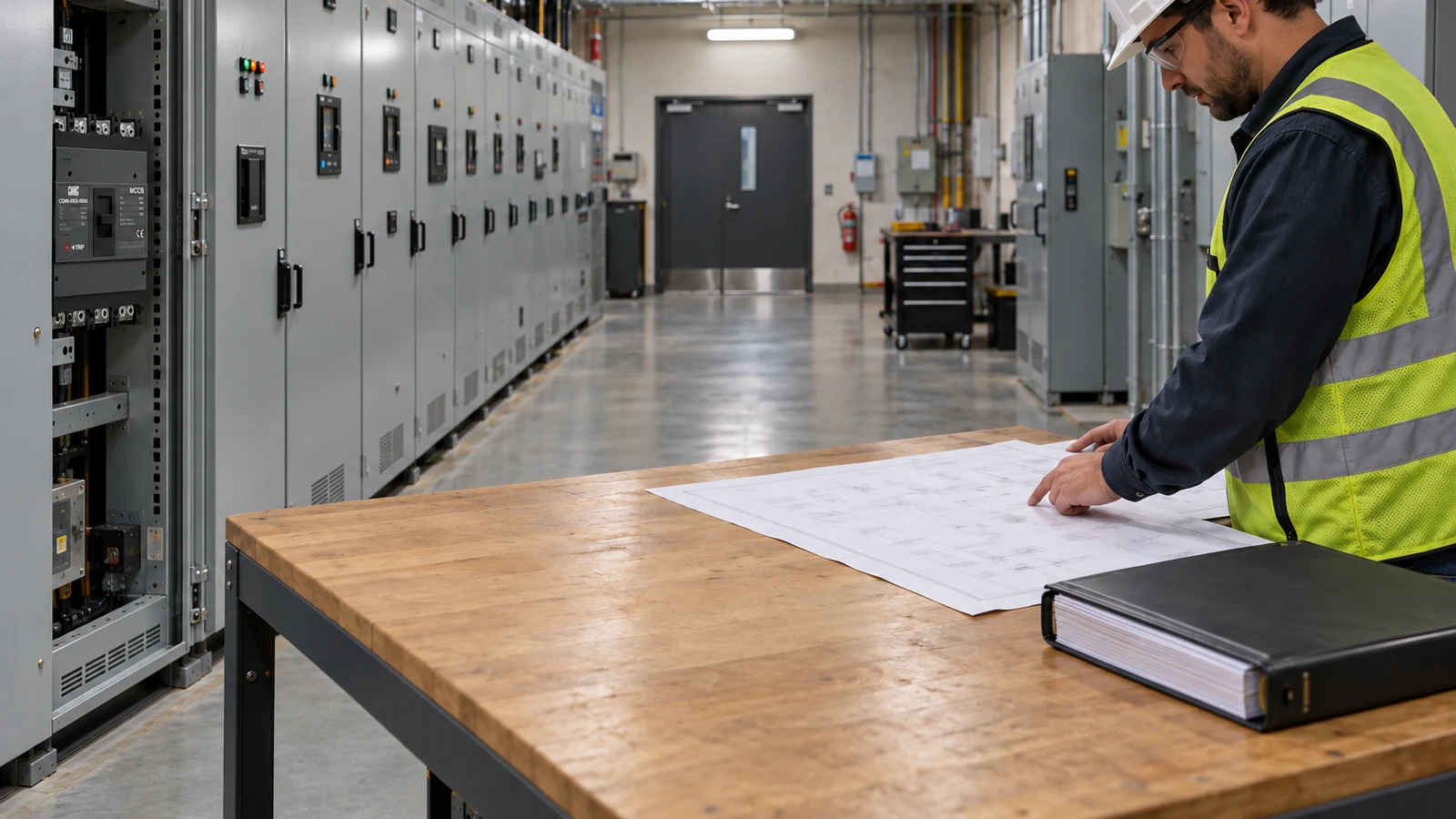 Enterprise distribution review with a real CHAC CQM6 molded-case circuit breaker naturally installed in an open switchboard