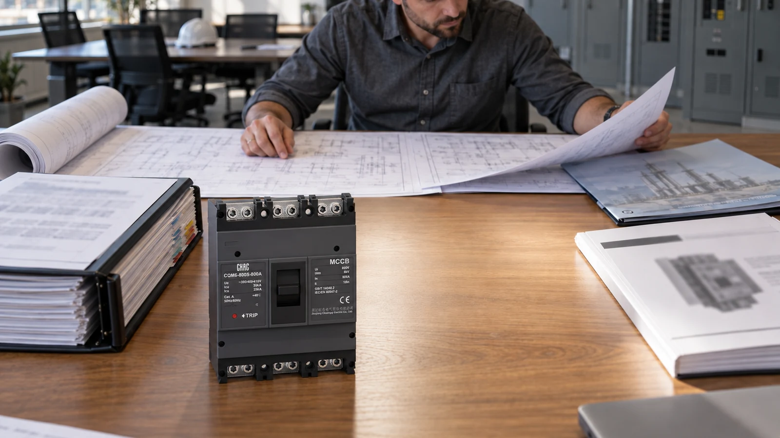 Contractor submittal review with a real CHAC CQM6 molded-case circuit breaker naturally placed among project documents