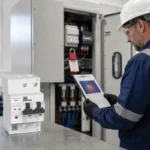Qualified technician diagnosing a suspect circuit breaker in a commercial distribution panel