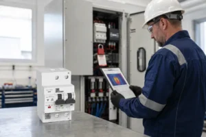Qualified technician diagnosing a suspect circuit breaker in a commercial distribution panel