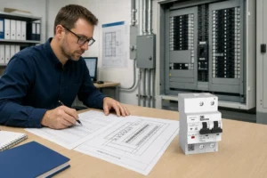 Electrical designer verifying tandem breaker compatibility against a labeled commercial distribution panel