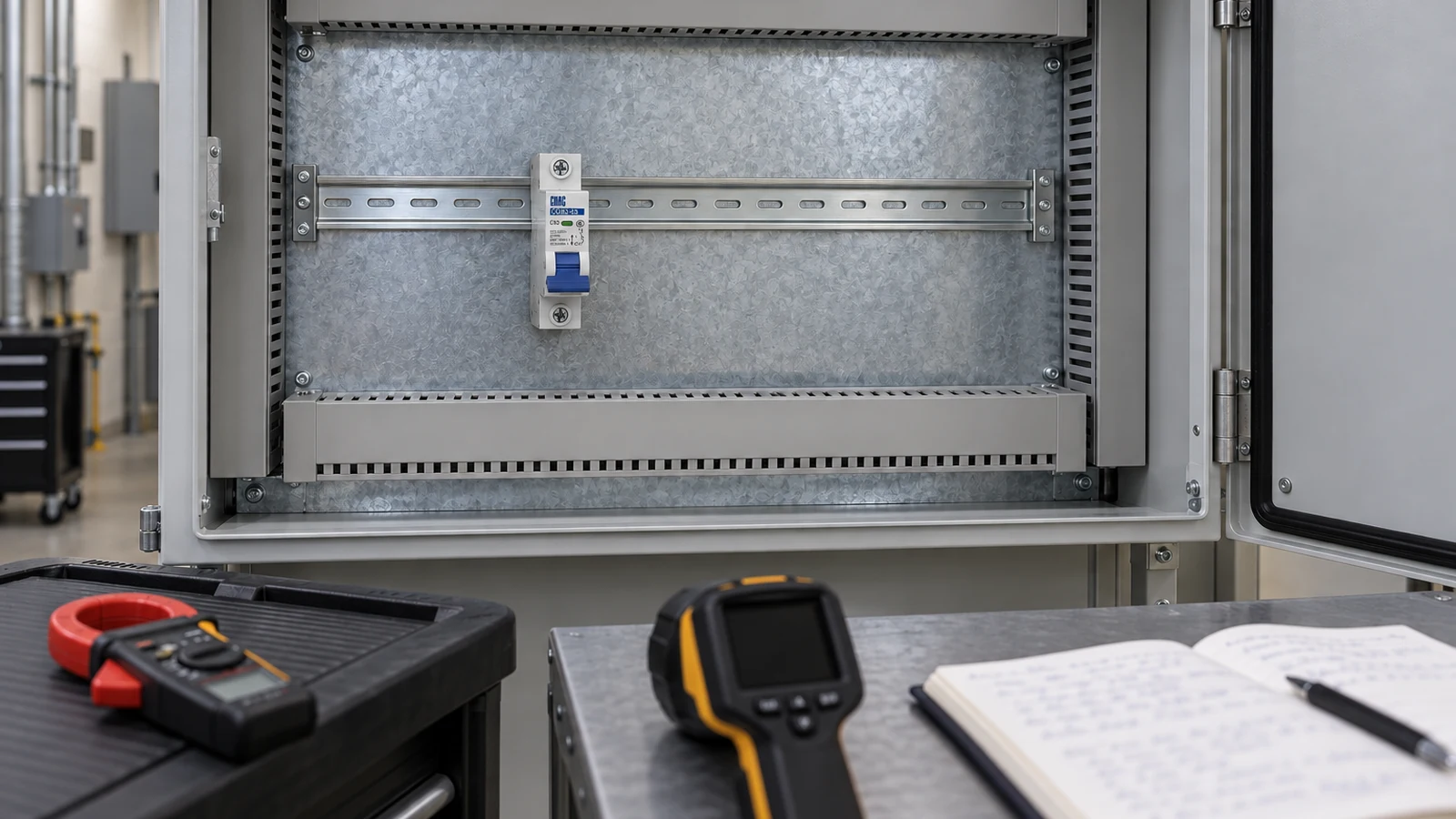 Circuit breaker trip diagnosis scene with a real CHAC CQB2-63 miniature circuit breaker installed in an enclosure