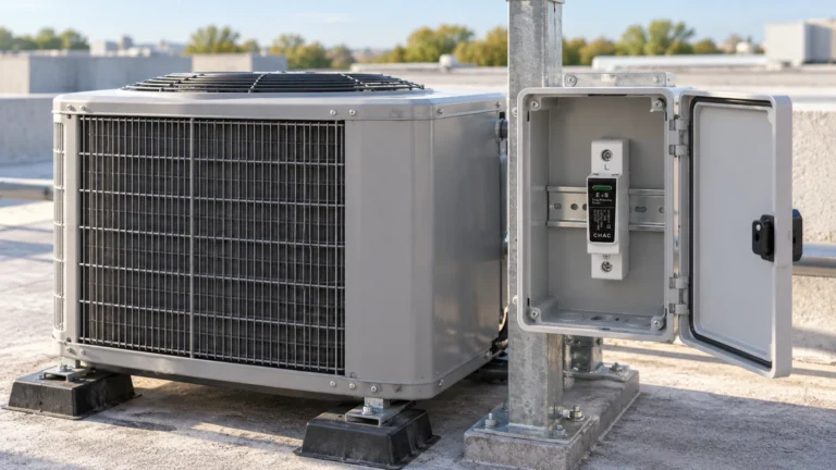 Surge protection planning beside a commercial outdoor HVAC unit