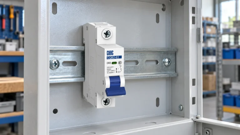 CHAC CQB2-63 miniature circuit breaker on a DIN rail in a panel assembly workshop