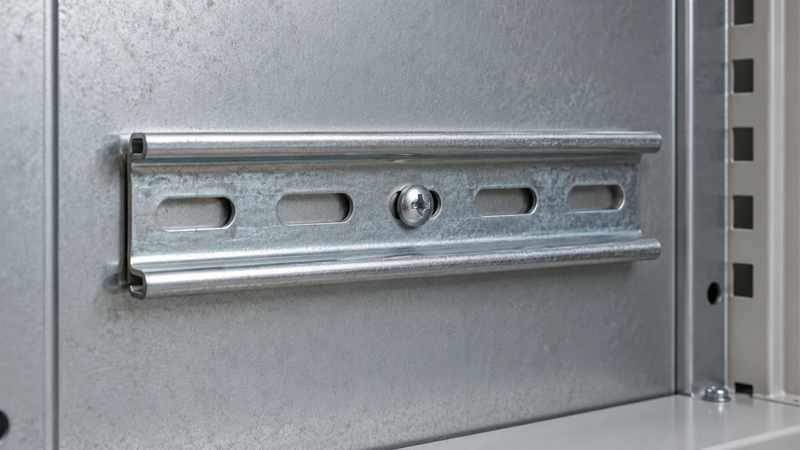 Top-hat DIN rail profile and mounting slots