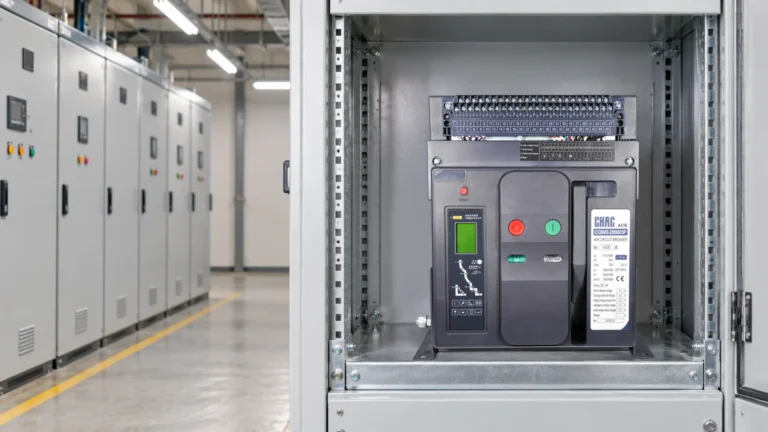 Real CHAC CQW2 air circuit breaker supported inside an open switchboard assembly compartment