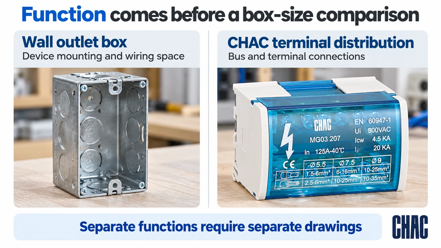 Function comes before a box-size comparison; CHAC terminal distribution, not a wall outlet box