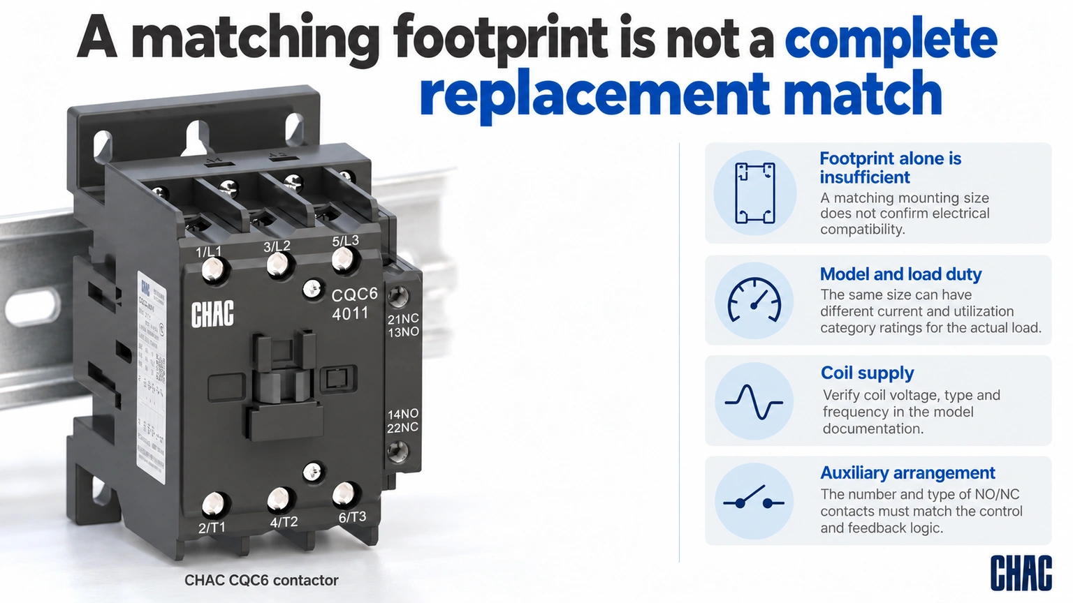 A matching footprint is not a complete replacement match; CHAC CQC6 contactor