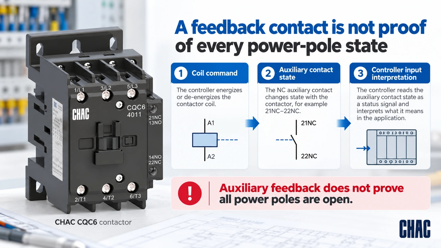 A feedback contact is not proof of every power-pole state; CHAC CQC6 contactor