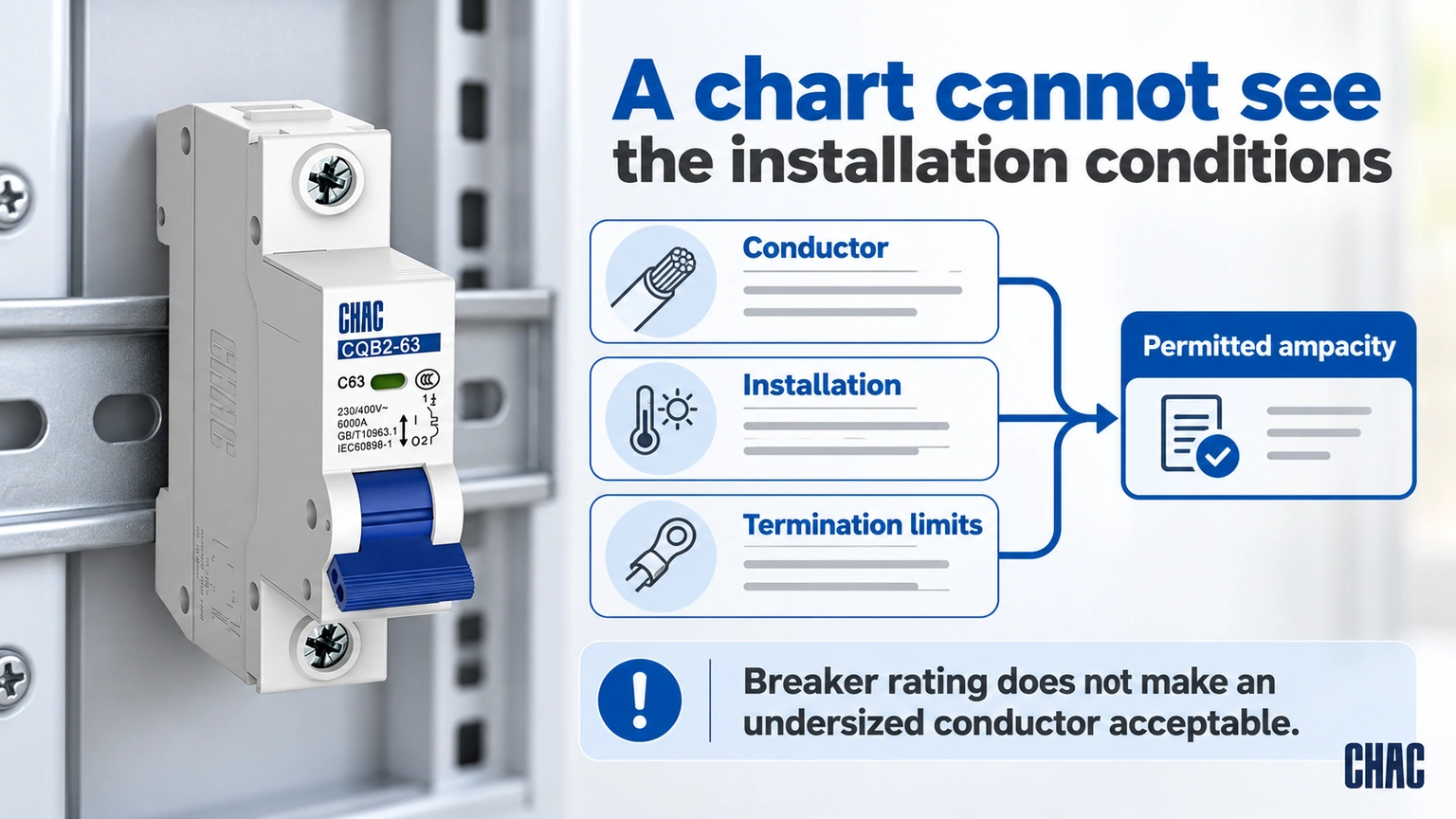 A chart cannot see the installation conditions; CHAC CQB2-63 miniature circuit breaker example