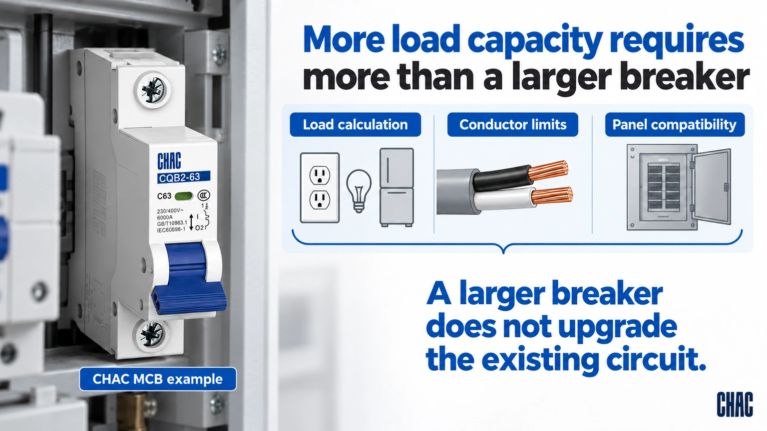More load capacity requires more than a larger breaker; CHAC CQB2-63 miniature circuit breaker example