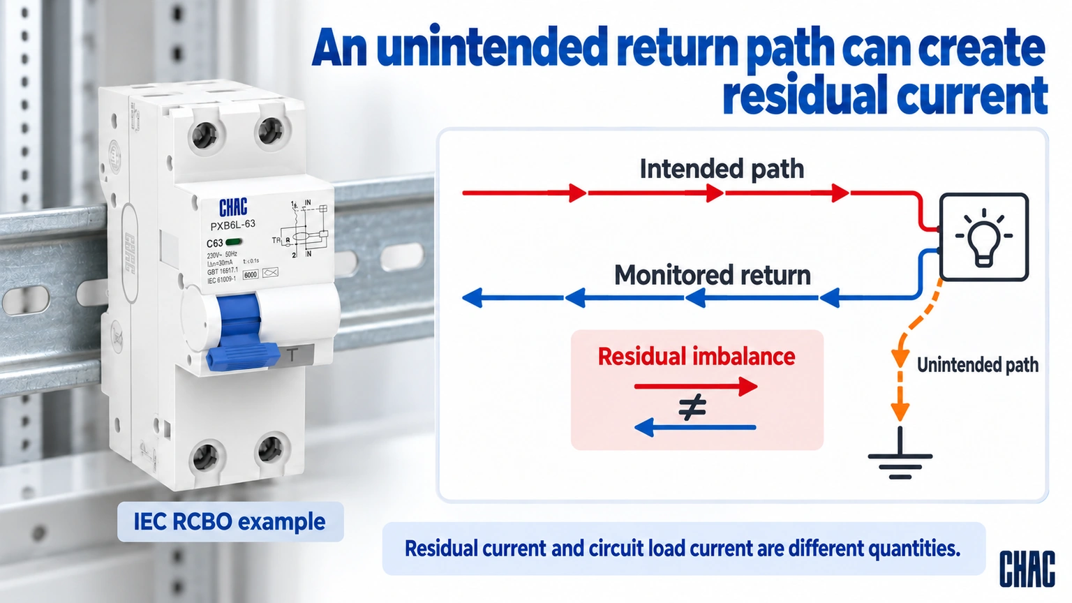 An unintended return path can create residual current; CHAC PXB6L-63 IEC RCBO example