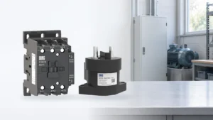 CHAC AC and DC contactor product photographs with a subdued workshop background