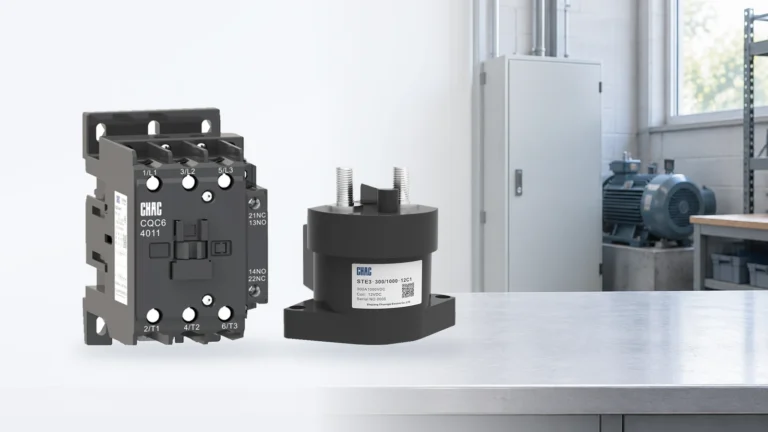 CHAC AC and DC contactor product photographs with a subdued workshop background