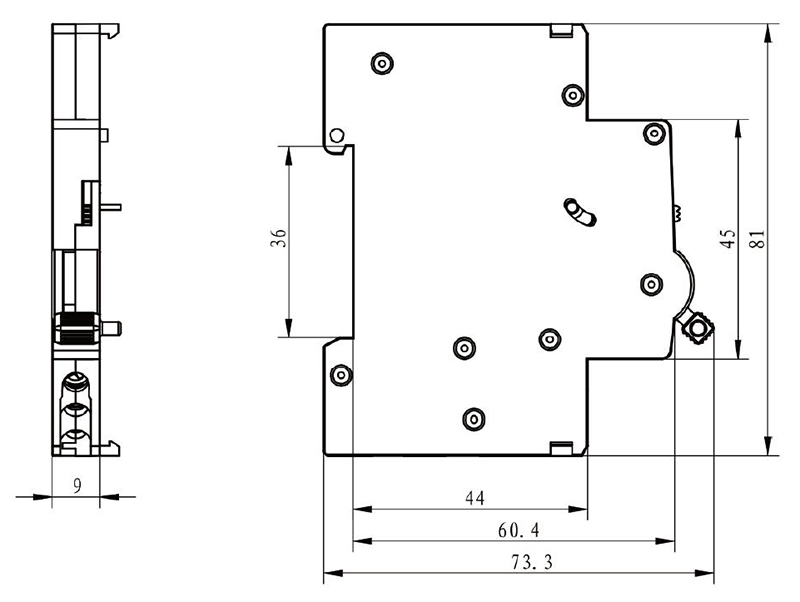 CHAC PXB6-OF Auxiliary Contact - installation dimensions in millimetres