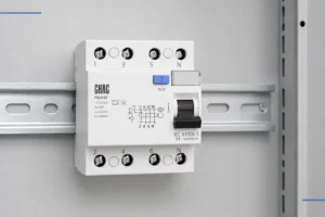 Electrician reviewing RCCB wiring and residual-current protection on a DIN rail