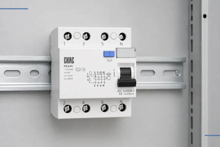 Electrician reviewing RCCB wiring and residual-current protection on a DIN rail