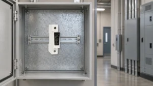 Real CHAC ExS surge protective device photograph composited into a distribution-enclosure scene for an SPD selection article